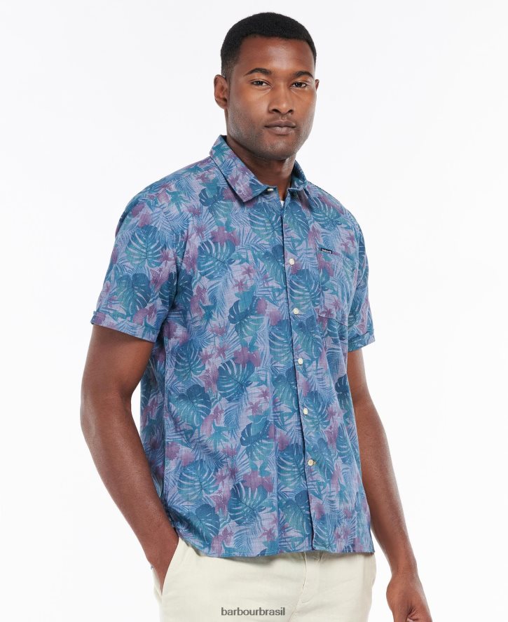 roupas Barbour camisa de verão de manga curta dunford cambraia azul homens NH4442330