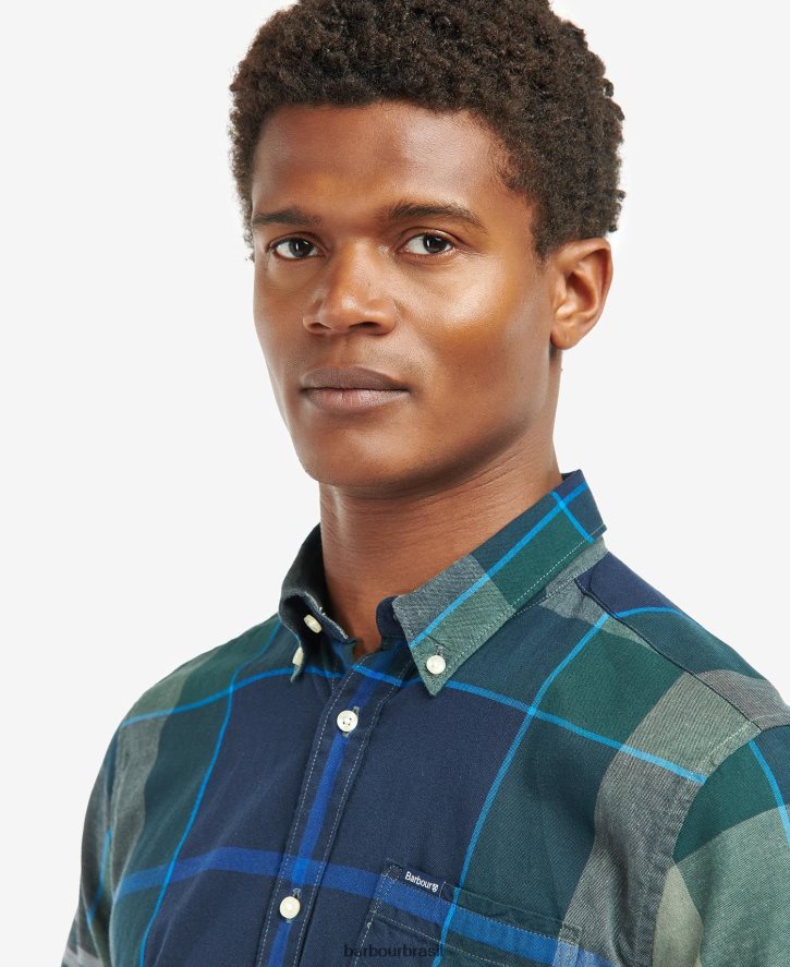 roupas Barbour camisa sob medida douglas manga curta kielder tartan azul homens NH4442283