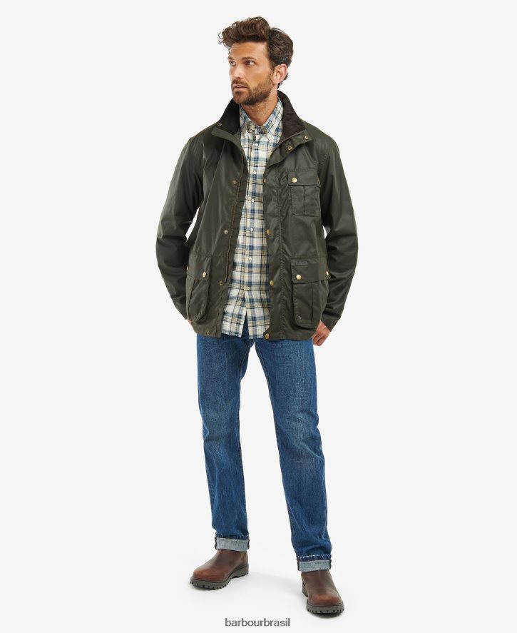 roupas Barbour jaqueta encerada dunlin azeitona/tartã clássico homens NH444226