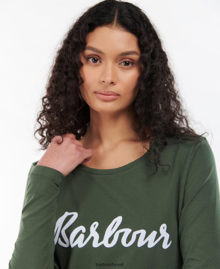 roupas Barbour camiseta manga longa otterburn oliva/branco mulheres NH44421749