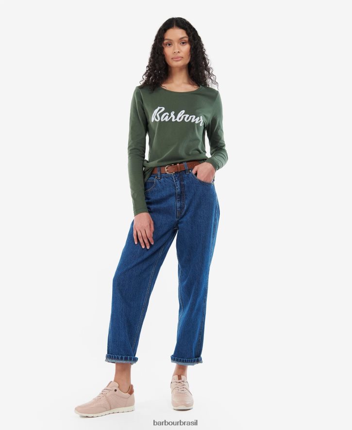 roupas Barbour camiseta manga longa otterburn oliva/branco mulheres NH44421749